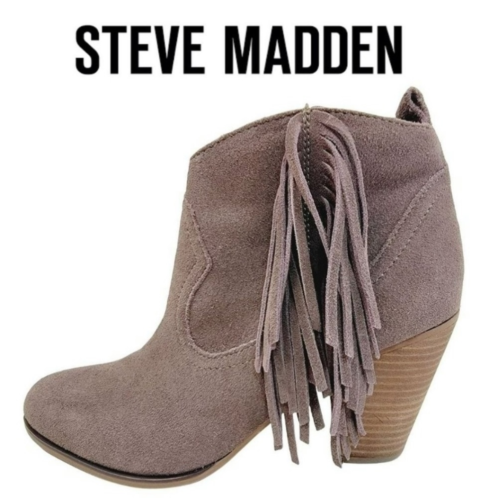 Steve Madden Ohio Leather Ankle Booties Size 9M Fringe Western Boots Taupe Brown